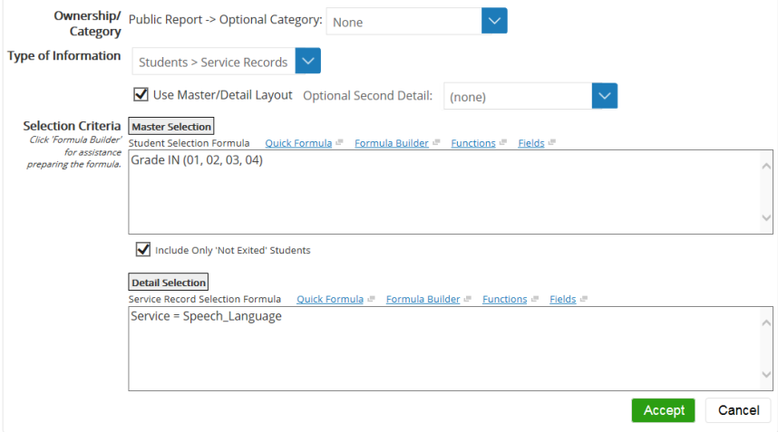 New Standard Report page displays selection criteria fields for the Master Selection and Detail Selection