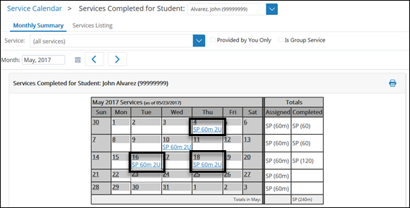 Monthly Summary tab within Service Calendar shows services available for individual students
